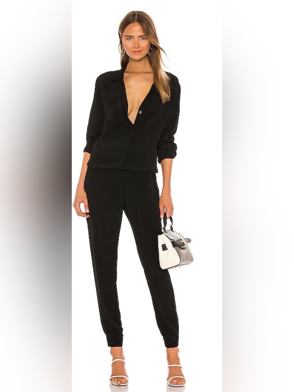 MONROW Black Button Down Crepe Jumpsuit Long Sleeve Jogger Pants Size XS